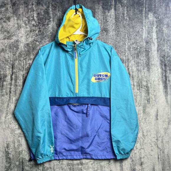 Dutch Bros Jacket Mens Small Blue Windbreaker Half-Zip Hooded Pullover - Picture 1 of 5
